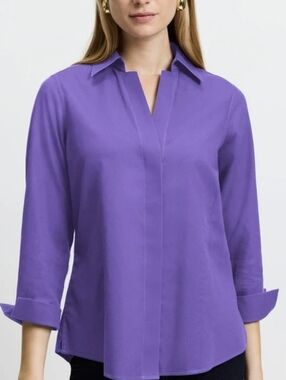 Foxcroft Royal Purple 3/4 Sleeves Split-Neck Blouse S